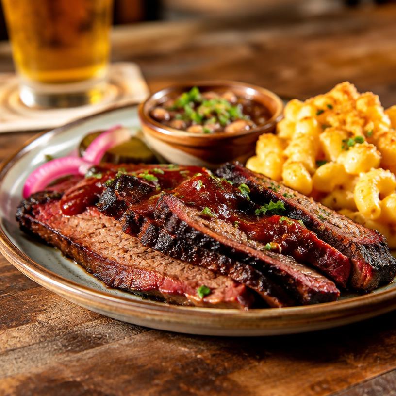 A plated Texas-style dish with brisket, beans, and mac and cheese